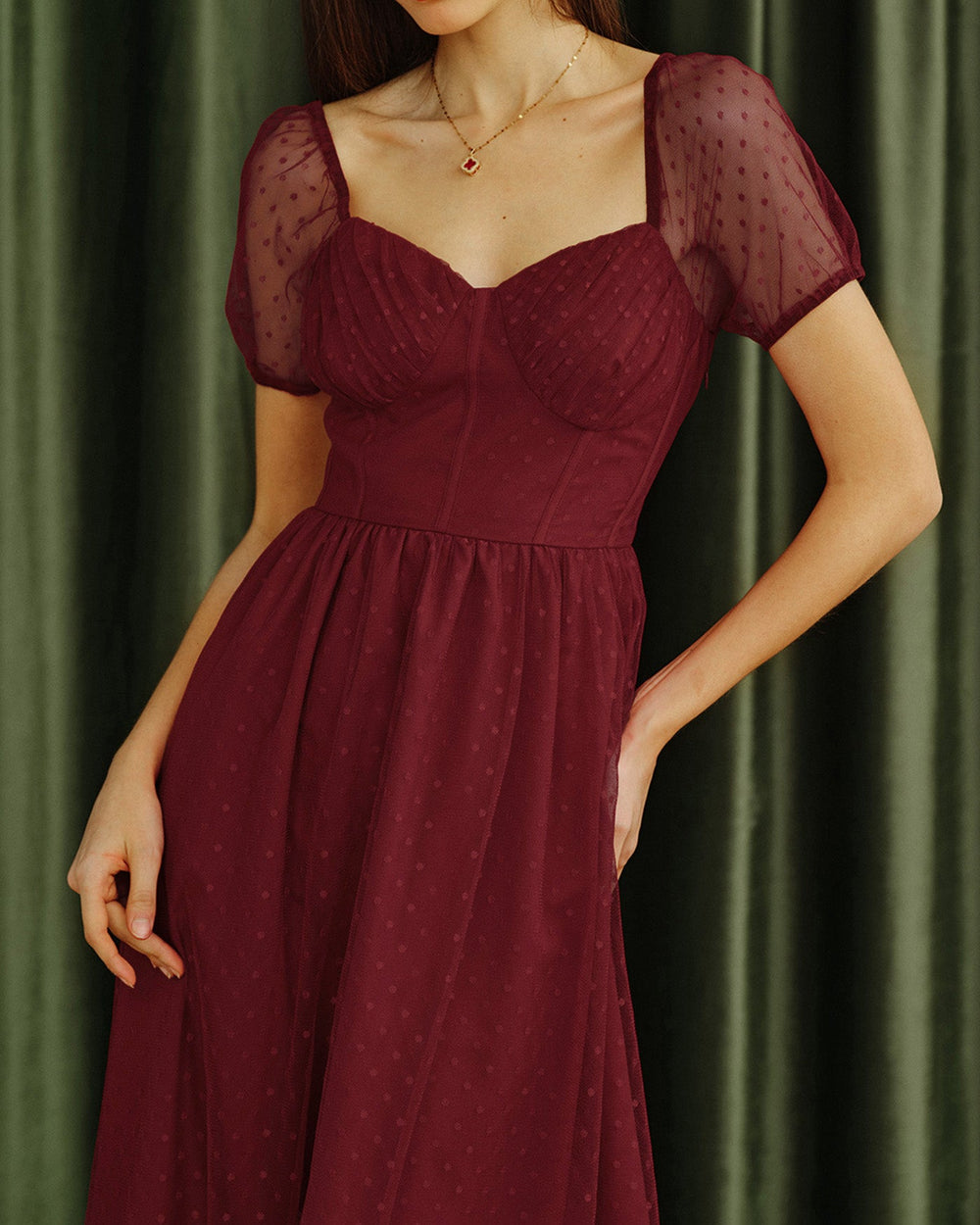 Red Sweetheart Neck Polka Dot Midi Dress