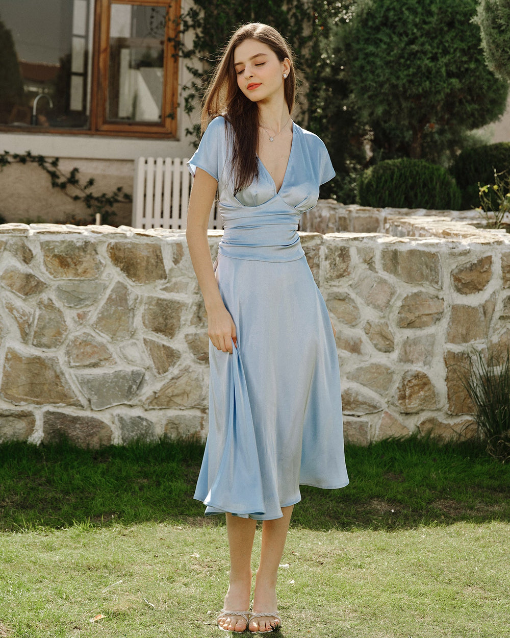 Blue Drop Shoulder Pleated Midi Dress