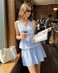 Blue Elastic Waist Tie Mini Skirt