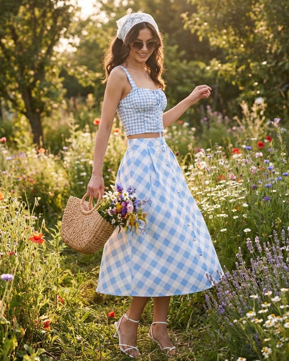 Blue Plaid Button Midi Skirt