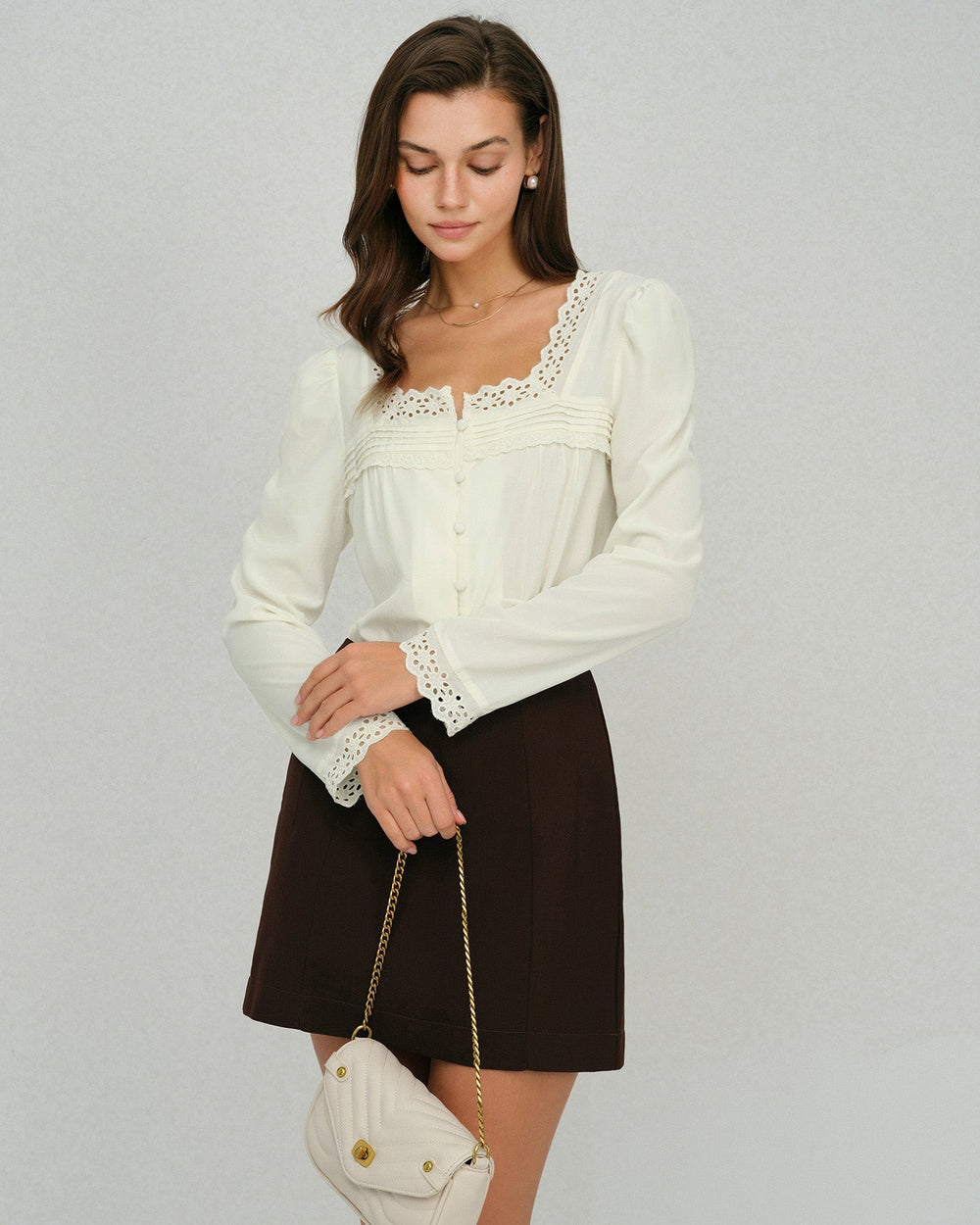 Beige Square Neck Lace Blouse