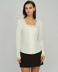Beige Square Neck Lace Blouse