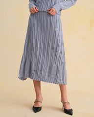 Blue Elastic Waist A-Line Midi Skirt