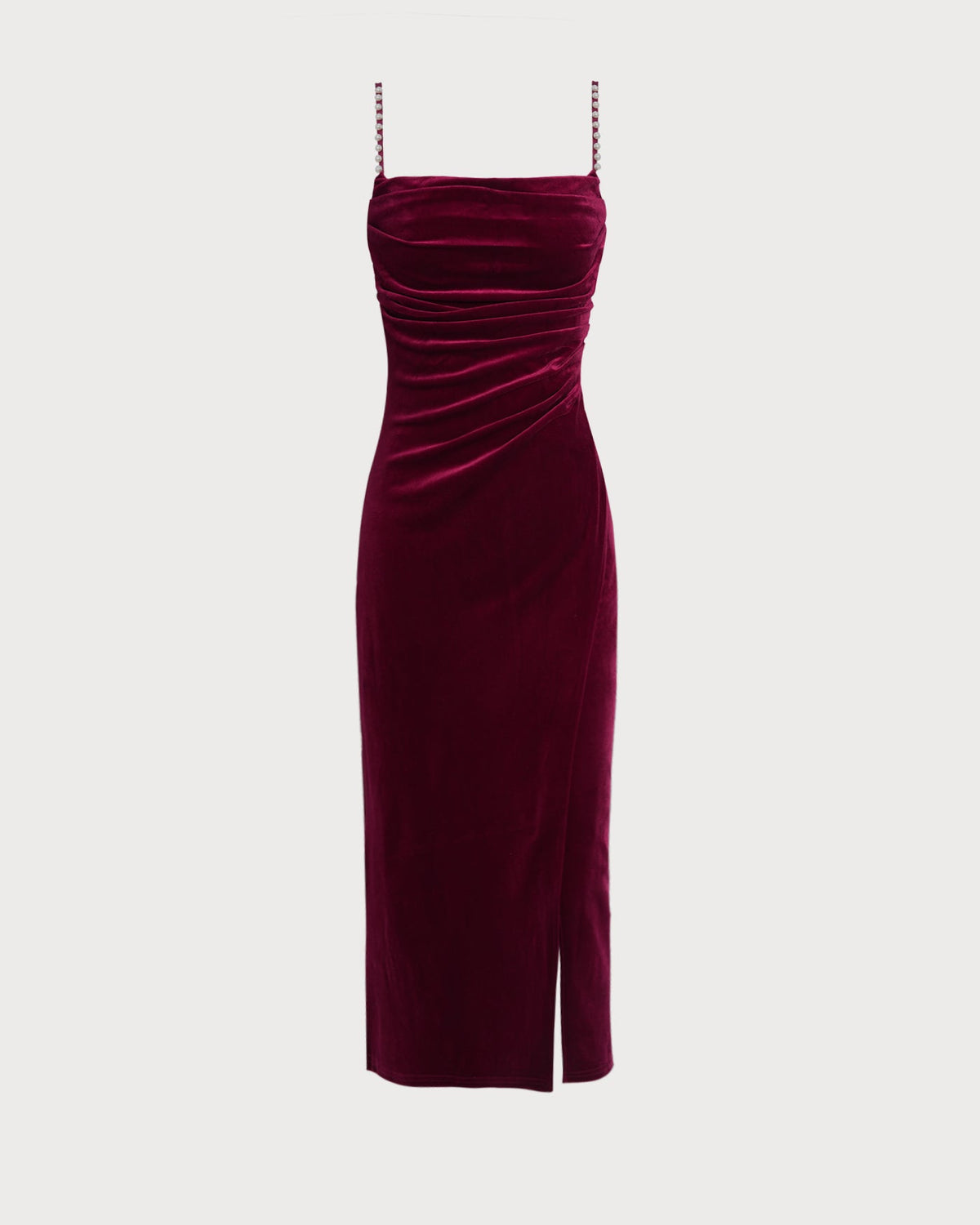 Wine Red Sleeveless Straps Velour Midi Dress