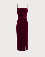 Wine Red Sleeveless Straps Velour Midi Dress
