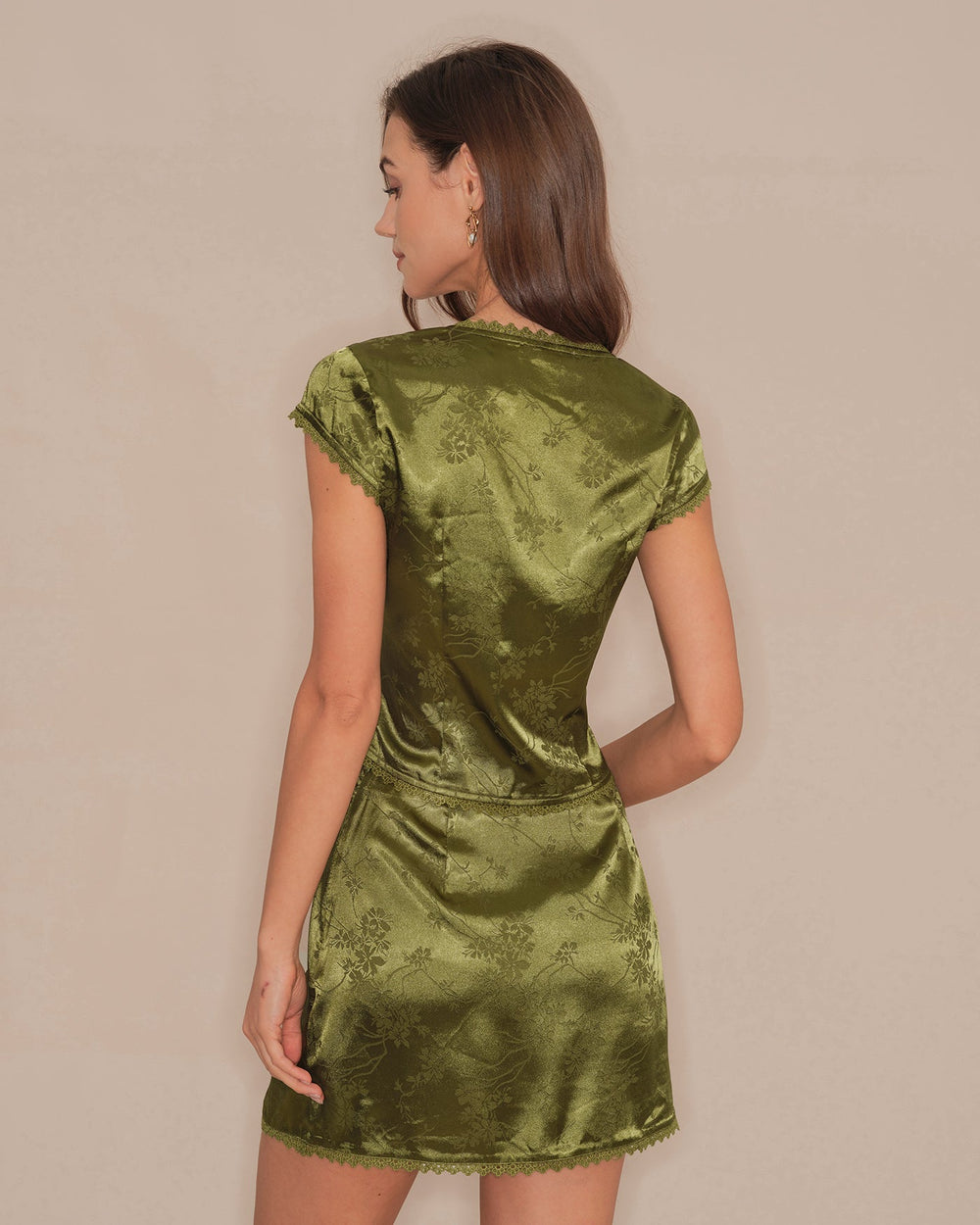 Green V Neck Floral Satin Tee