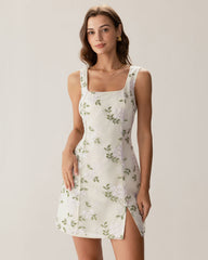 Beige Square Neck Embroidery Slit Slip Mini Dress