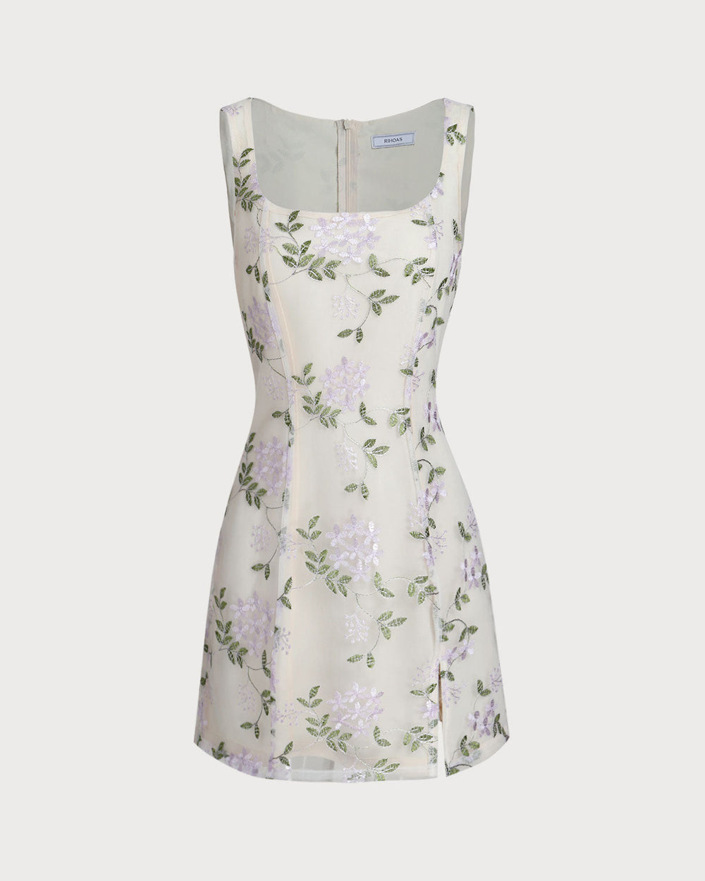 Beige Square Neck Embroidery Slit Slip Mini Dress