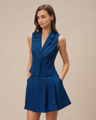 Blue Single Breasted Collar Vest