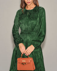 Green Jacquard Lantern Sleeve Midi Dress