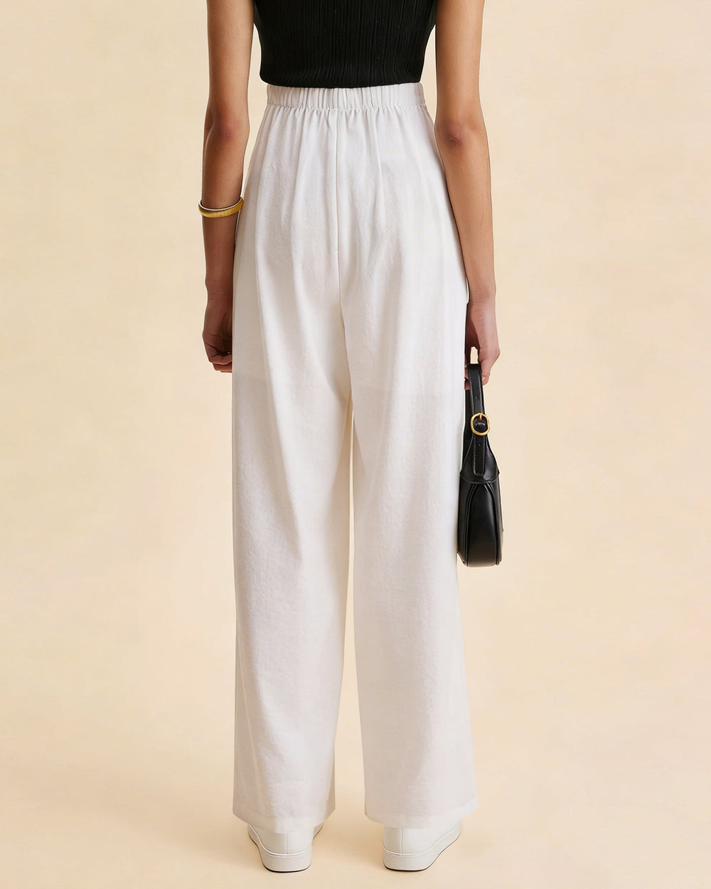 White Elastic Waist Straight Pants