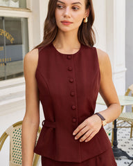 Wine Red Button Belted Vest