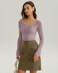 Purple Bell Sleeve Casual Knit Tee