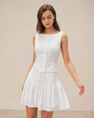 White Textured Boat Neck Button Vest