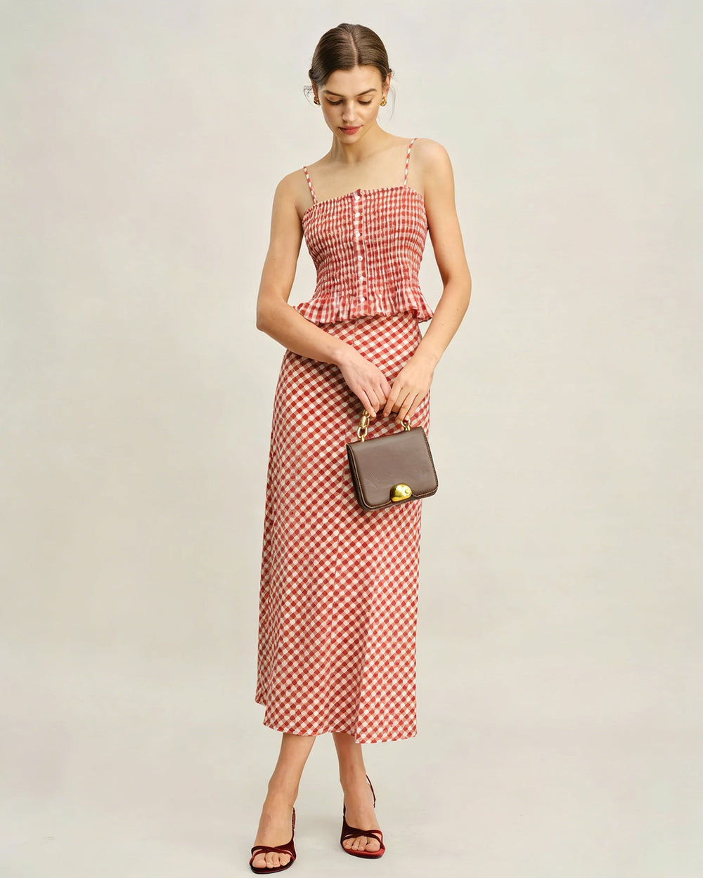 Pink Plaid Shirred Tank Top