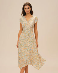 Yellow V Neck Floral Midi Dress