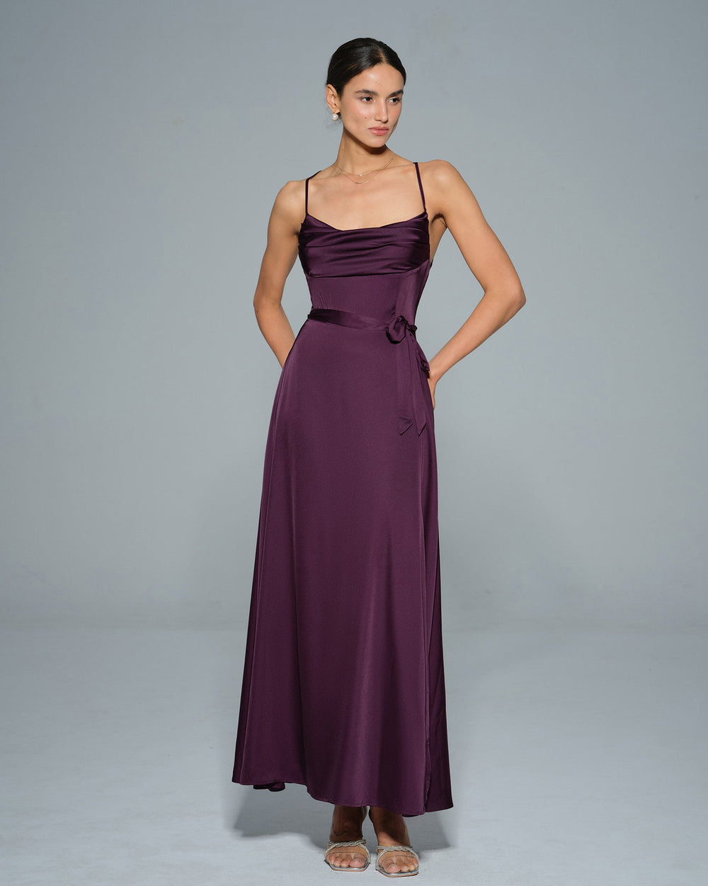 Purple Cowl Neck Satin Maxi Dress