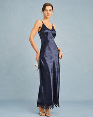 Navy Jacquard Lace Slip Maxi Dress