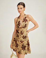 Yellow Halter Tie Floral Mini Dress