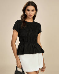 Black Round Neck Shirred Tee