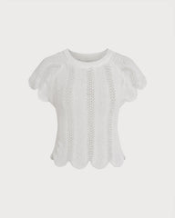 White Round Neck Textured Tee