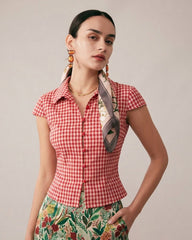 Red Plaid Cap Sleeve Button Blouse
