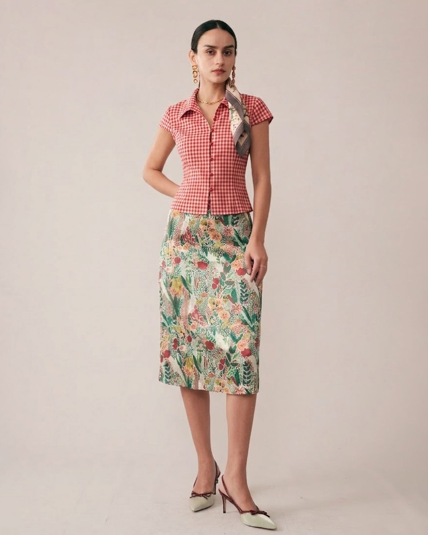 Red Plaid Cap Sleeve Button Blouse