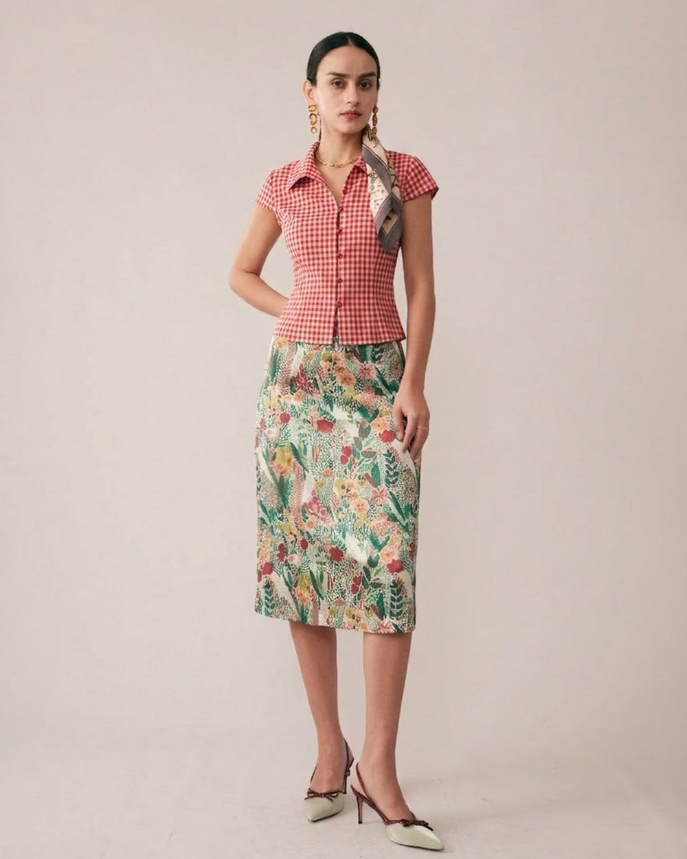 Red Plaid Cap Sleeve Button Blouse