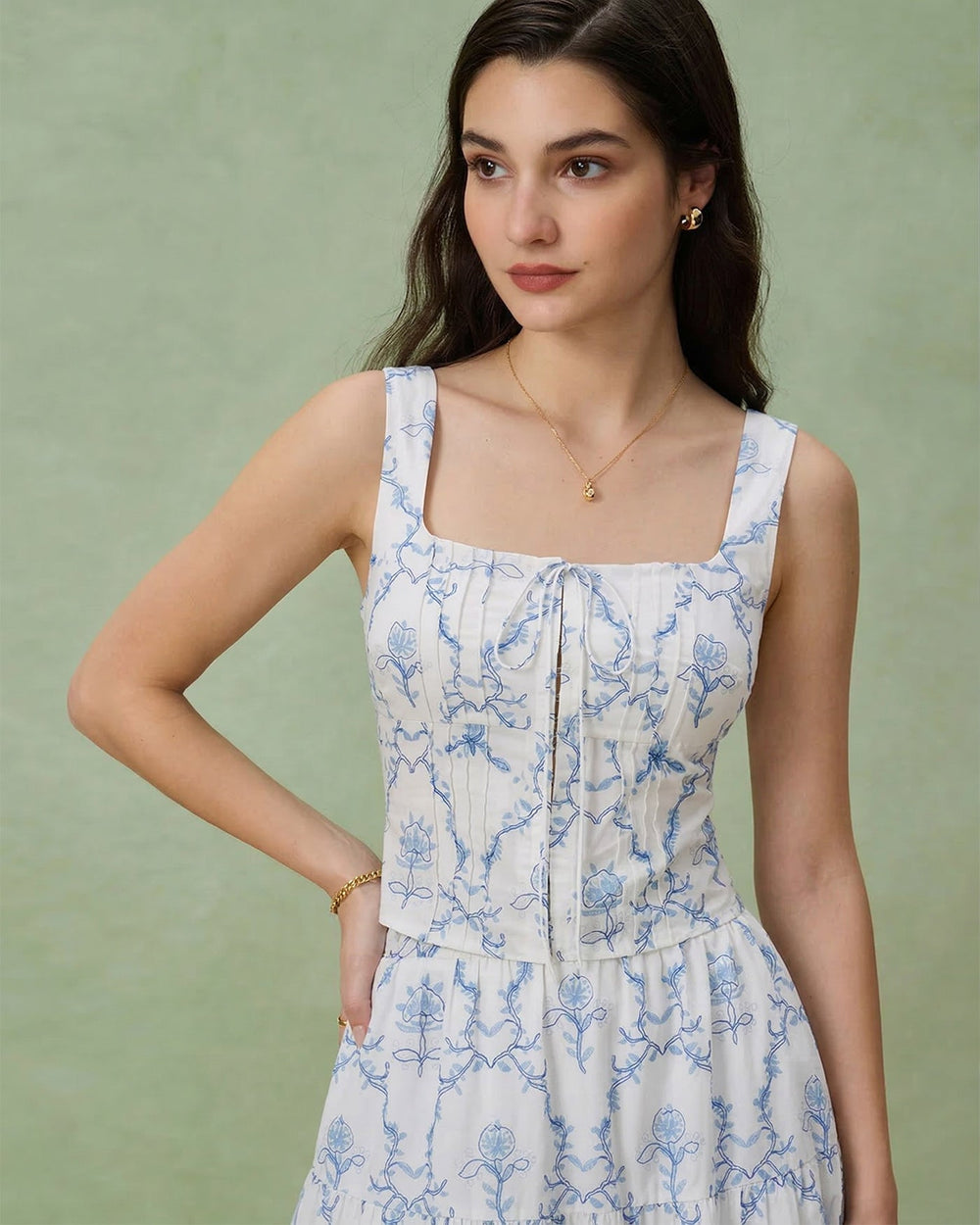 White Floral Ruched Tank Top
