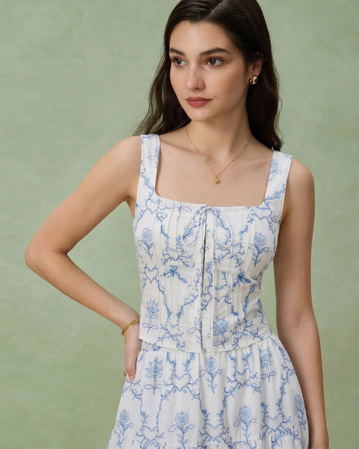 White Floral Ruched Tank Top