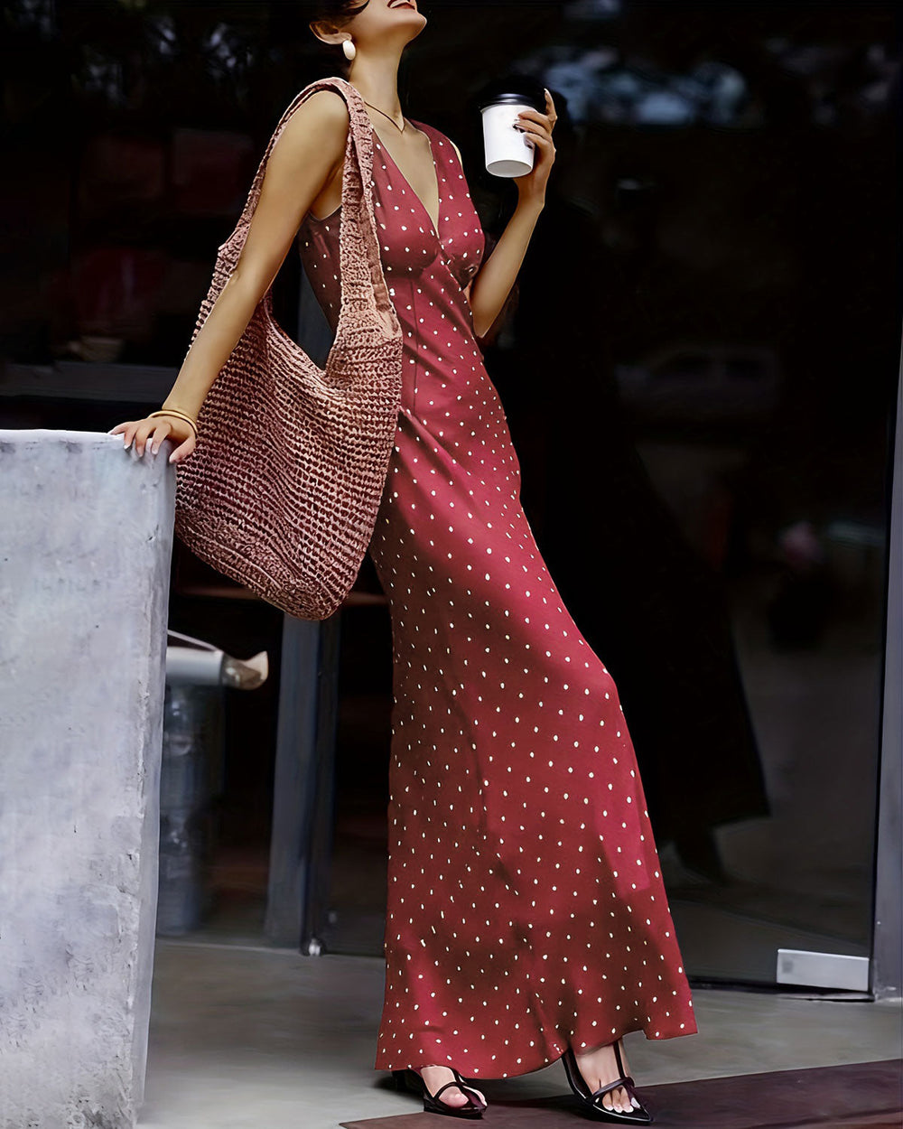 Wine Red Polka Dot Sleeveless Maxi Dress