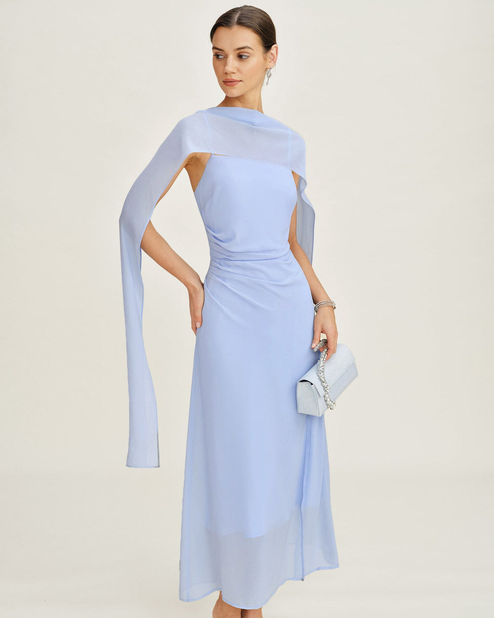 Blue Cowl Neck Strap Chiffon Maxi Dress