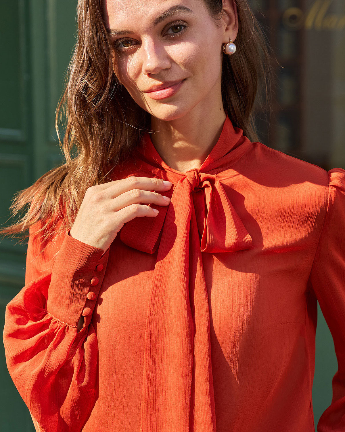 Red Chiffon Tie Neck Shirt