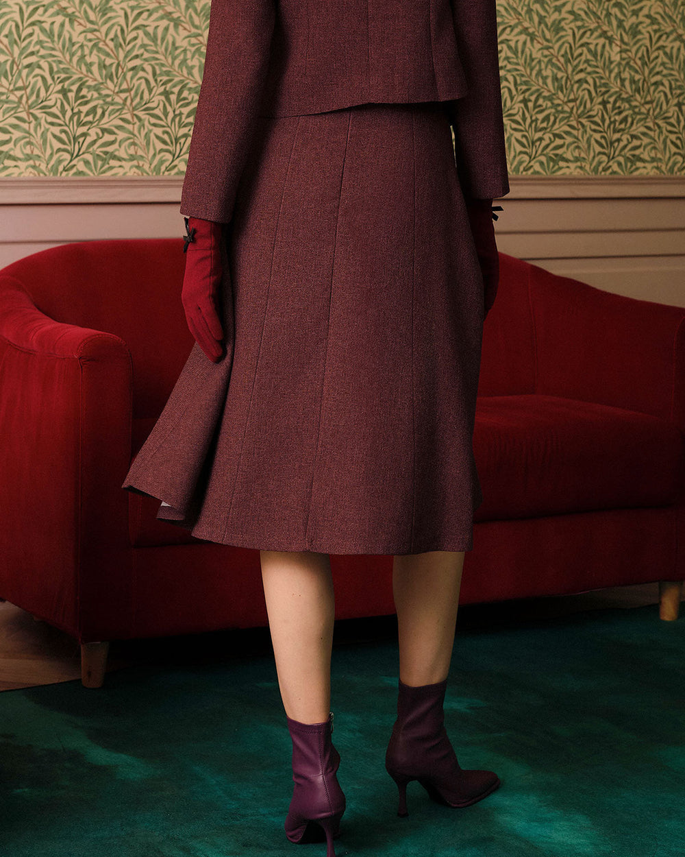 Burgundy High Waisted Tweed Skirt
