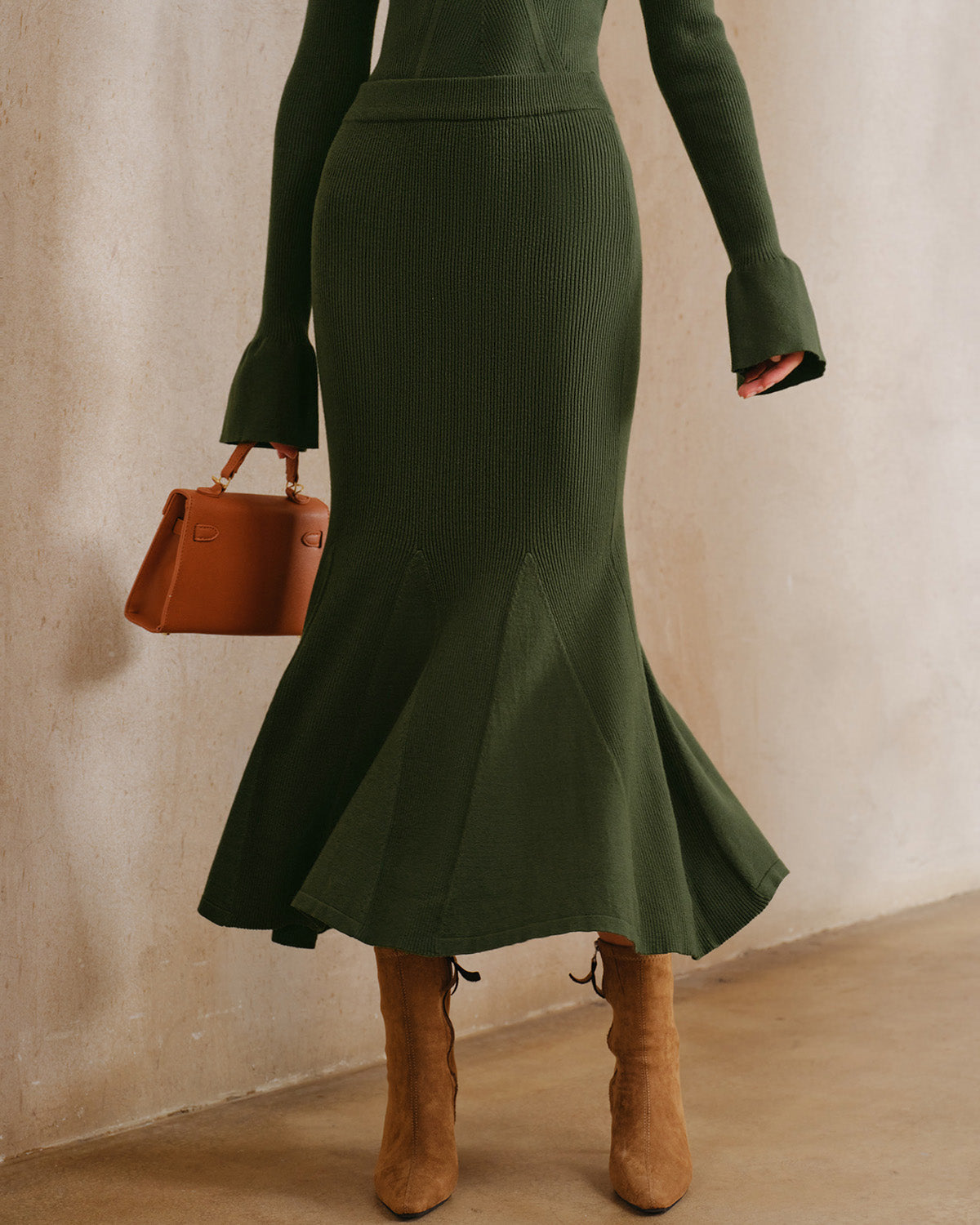 Green Knit Mermaid Midi Skirt