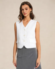 White V Neck Single Breasted Vest