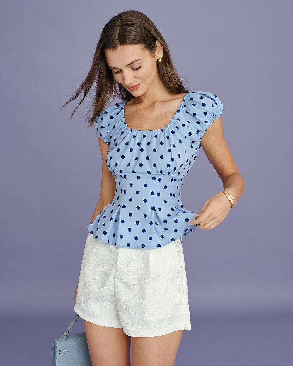Blue U Neck Polka Dot Tee