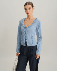 Blue Ruffle V Neck Button Blouse