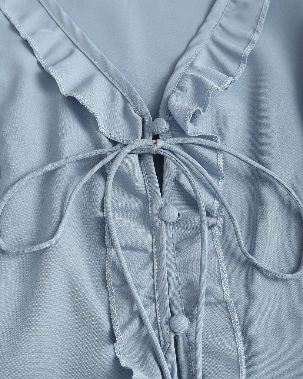 Blue Ruffle V Neck Button Blouse