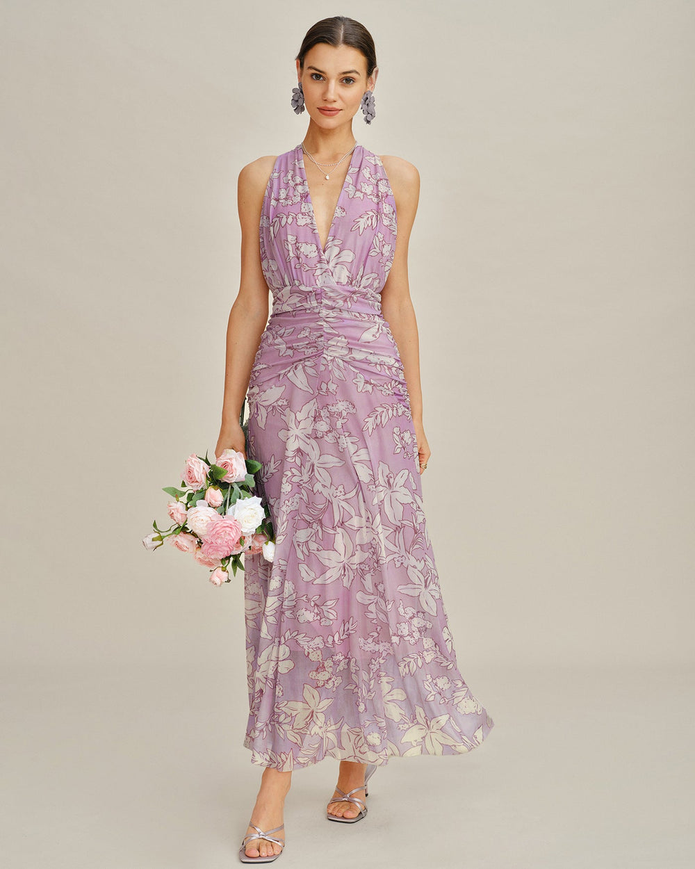 Purple Halter Floral Maxi Dress