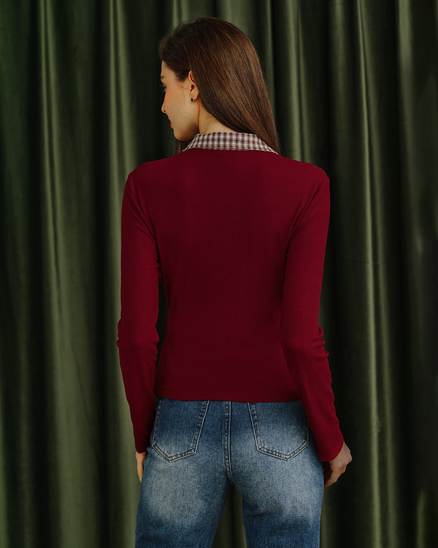 Red Plaid Collar Viscose Tee