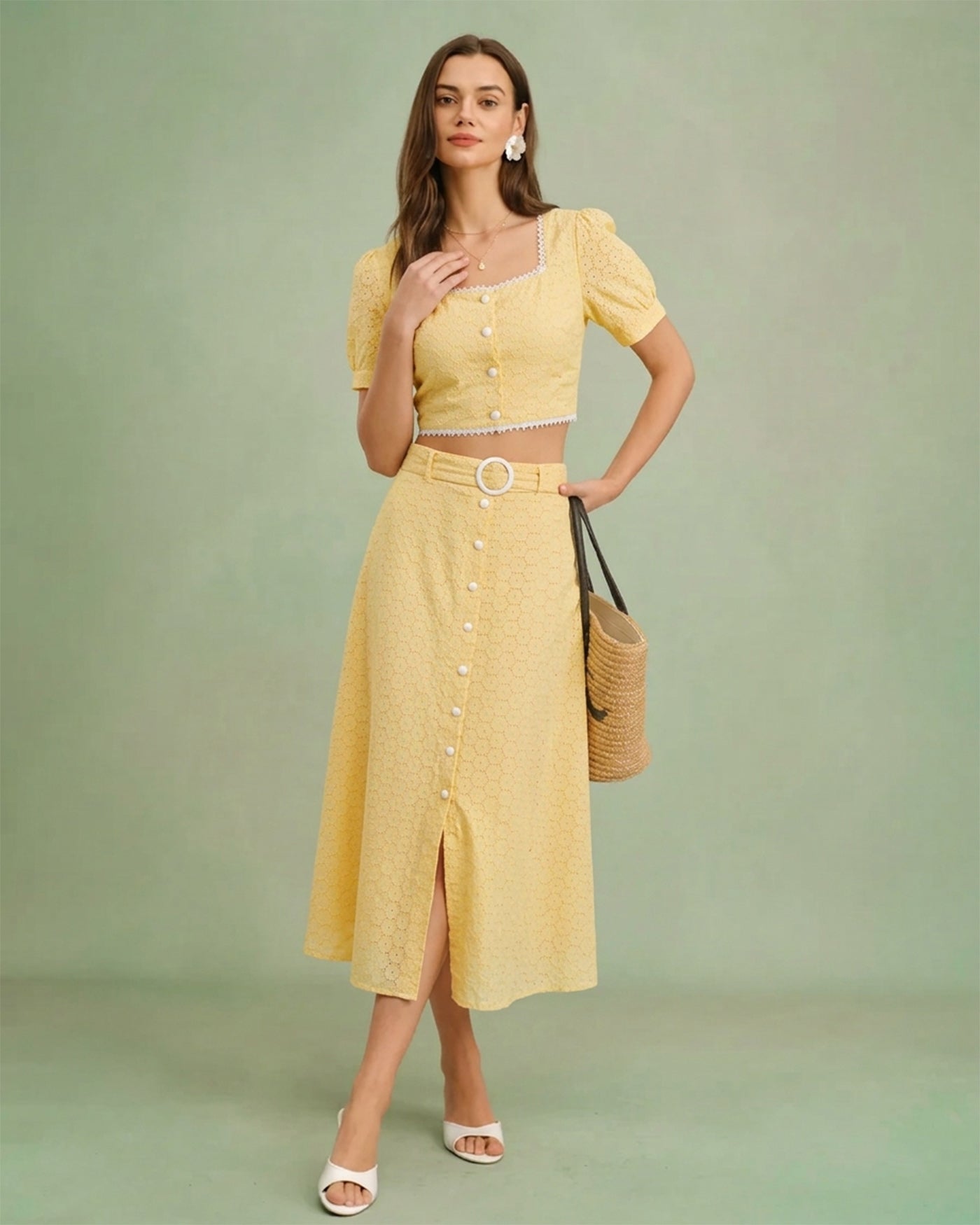 Yellow Square Neck Embroidery Blouse