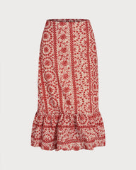 Red Floral Ruched Midi Skirt