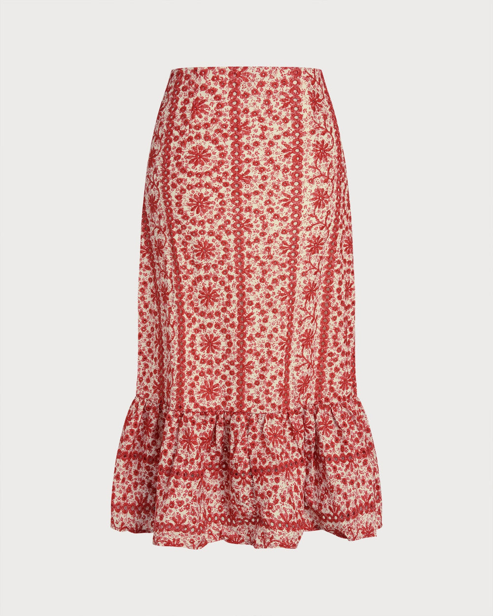 Red Floral Ruched Midi Skirt