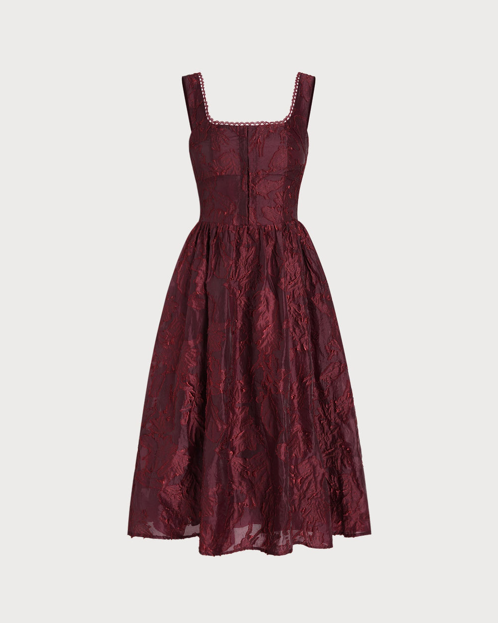 Wine Red Square Neck Jacquard Midi Dress
