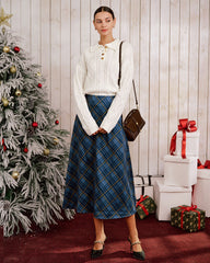 Blue Plaid A-Line Midi Skirt