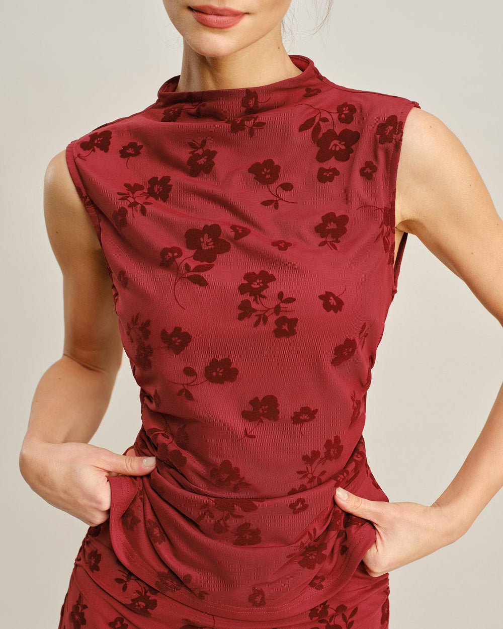 Red Mock Neck Floral Tank Top
