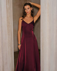 Wine Red Satin A-Line Slip Maxi Dress