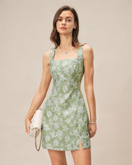 Green Square Neck Slit Floral Mini Dress
