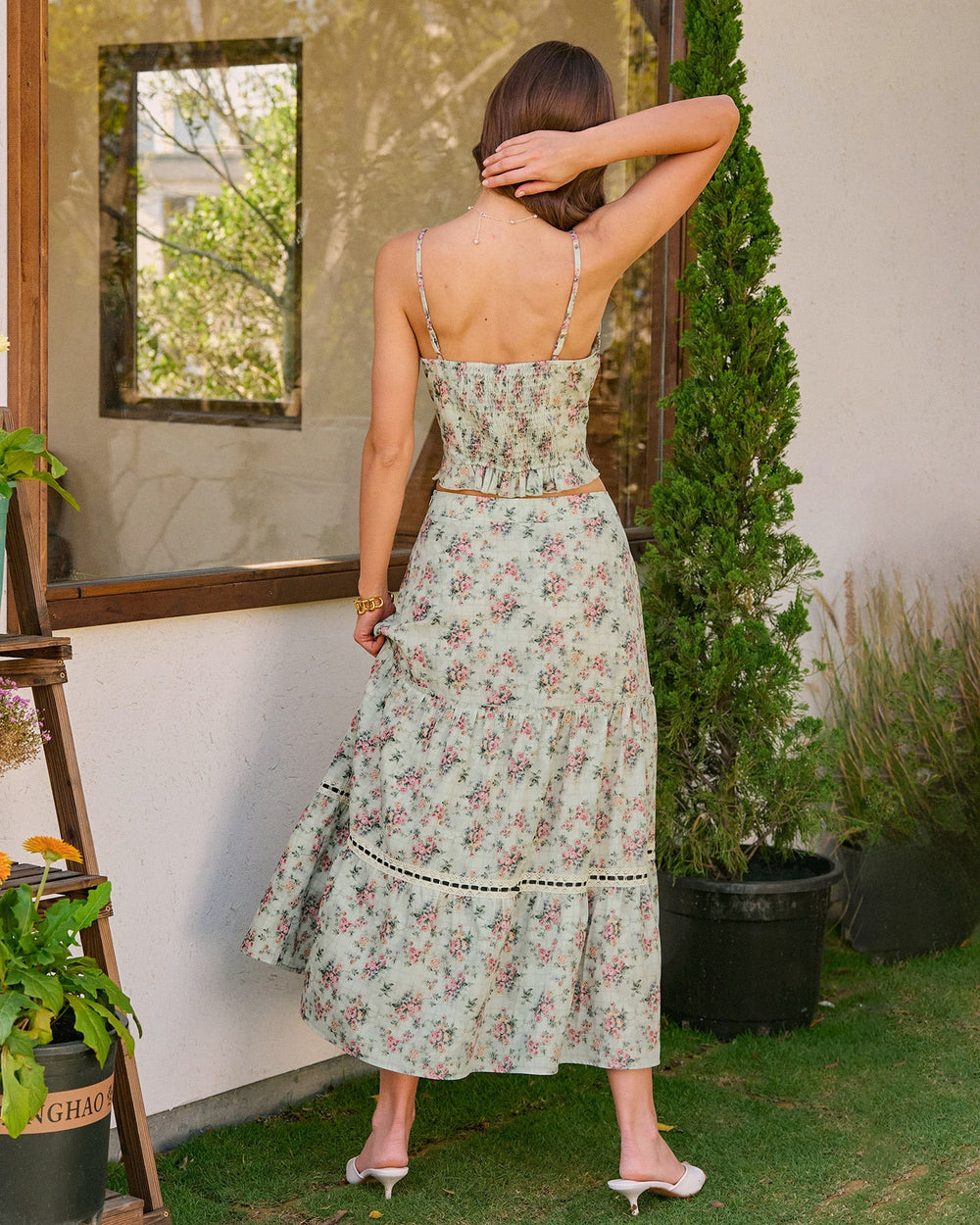 Green Floral A-Line Midi Skirt